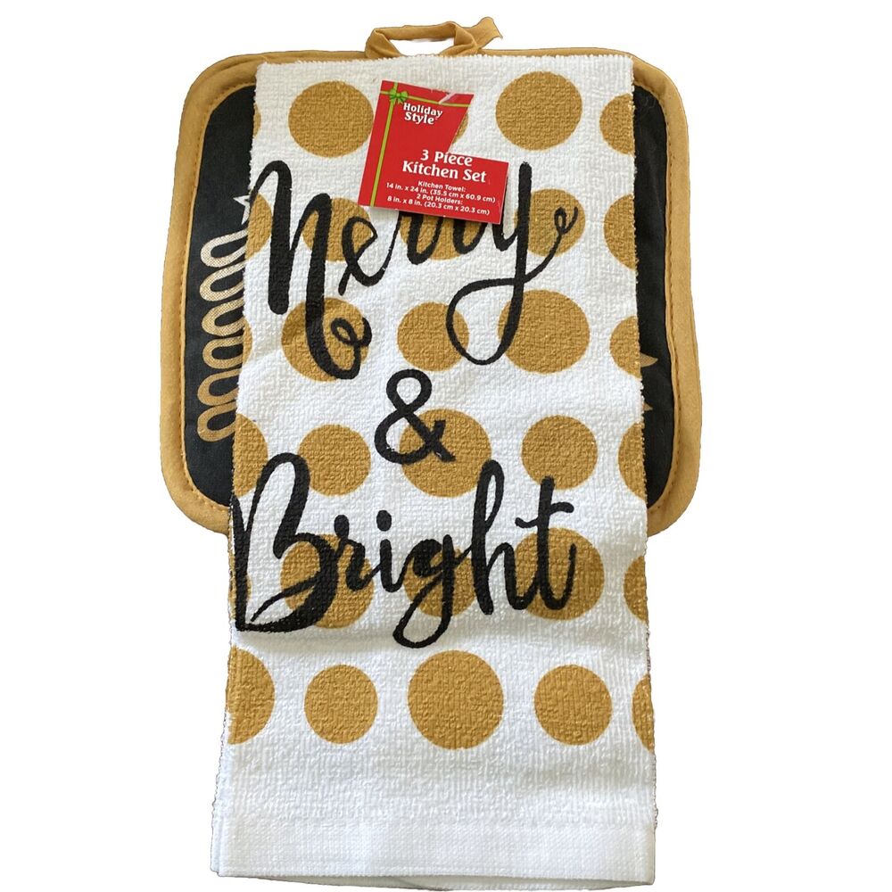 Christmas Merry & Bright Set Tree Towel 2 Pot Holders Holiday Style‎ NWT Baking